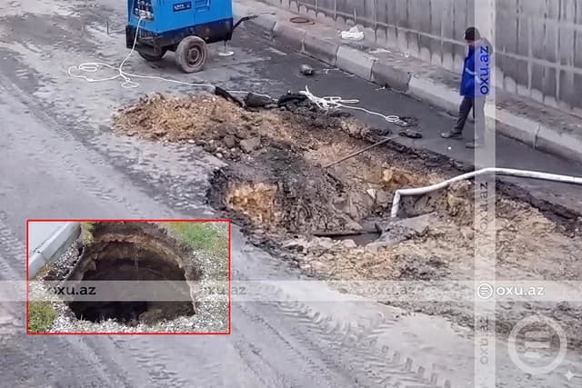 Bakıda kanalizasiya xəttinin keçdiyi ərazidə torpaq qatı çökdü - VİDEO