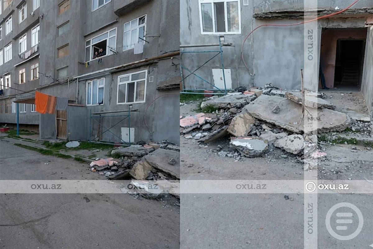 Bakıda QORXUNC HADİSƏ: Binanın giriş qapısının üstündəki beton plitə uçdu - VİDEO